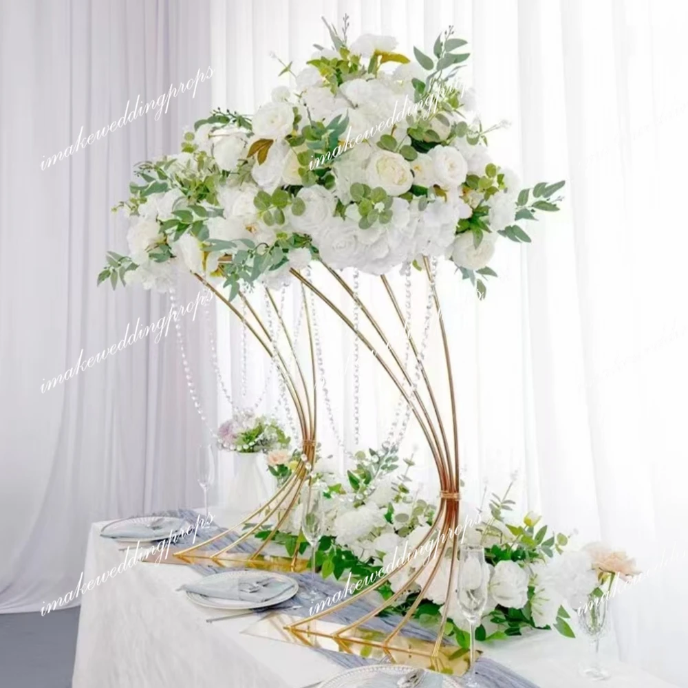 5pcs/10pcs Wedding Table Centerpiece Gold Flowers Stand For Party, Gold Crystal Harp Flower Stand Table Flower Riser Centerpiece