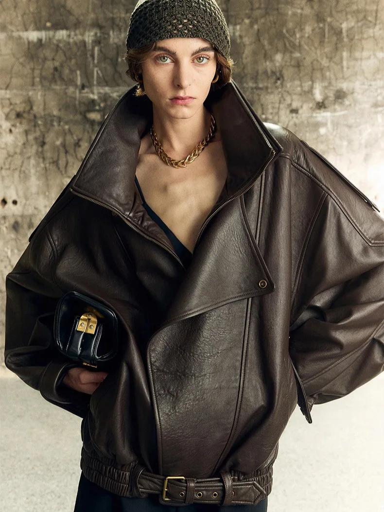 Women's Leather Jacket, Genuine Lambskin, Double Layer Collar, Silhouette Coat, Autumn And Winter,  Heavy Leather Jacket