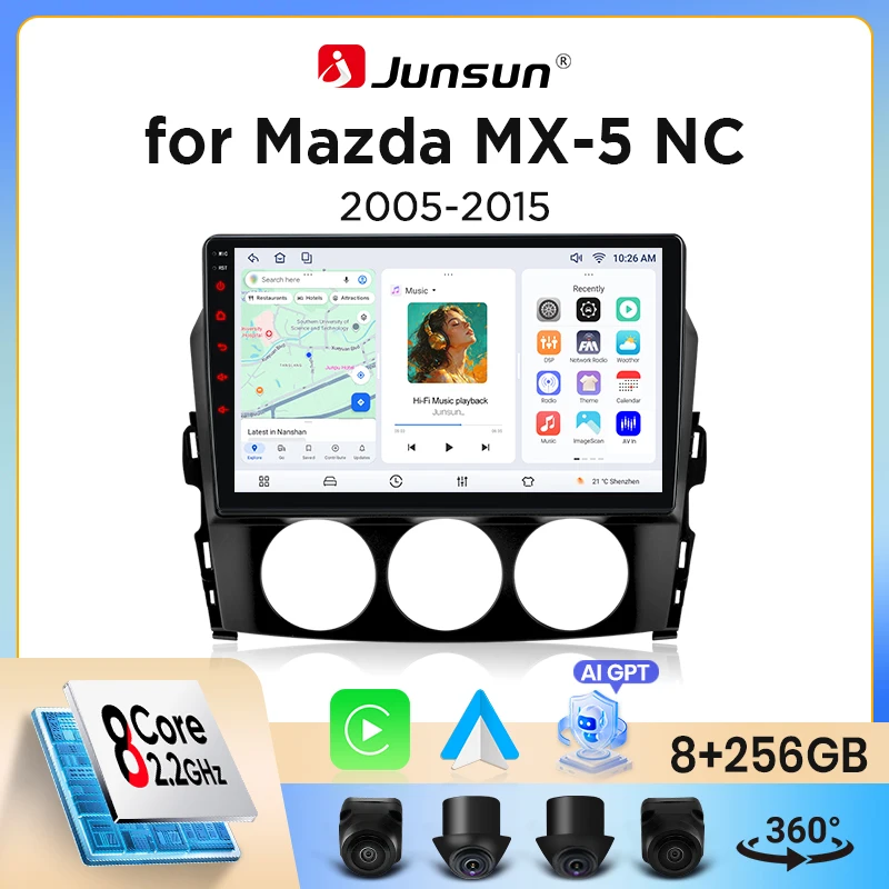 Junsun Wireless CarPlay Android Auto Autoradio für Mazda MX-5 Mk3 (NC) 2005-2015 mit integriertem Lüfter, Android GPS-Navigation, Multimedia-Player, WiFi, DSP, RDS, BT, SWC, IPS-Touchscreen,