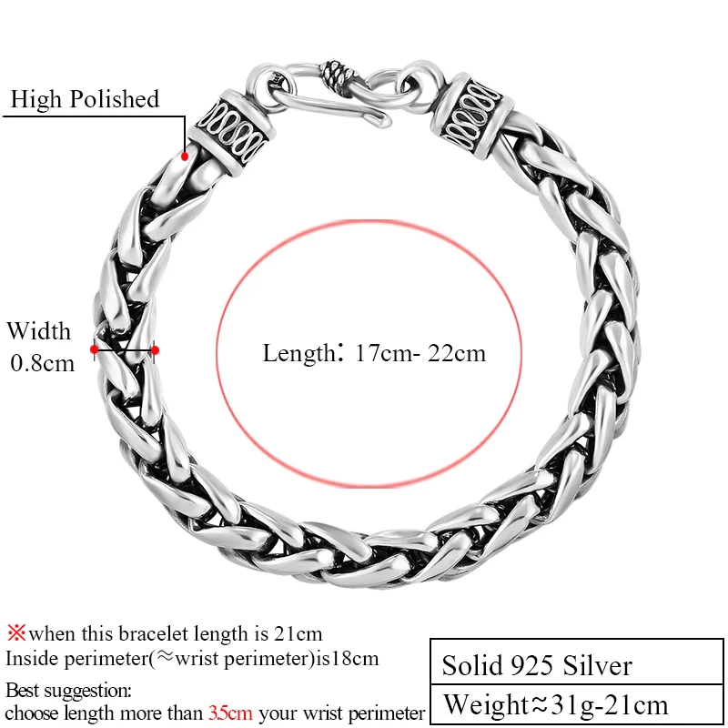 ZABRA 925 Sterling Silver Men Bracelet Vintage Wheat Lines Handmade Jewelry Biker Man Gift Chain Link Bracelets Jewelry Male