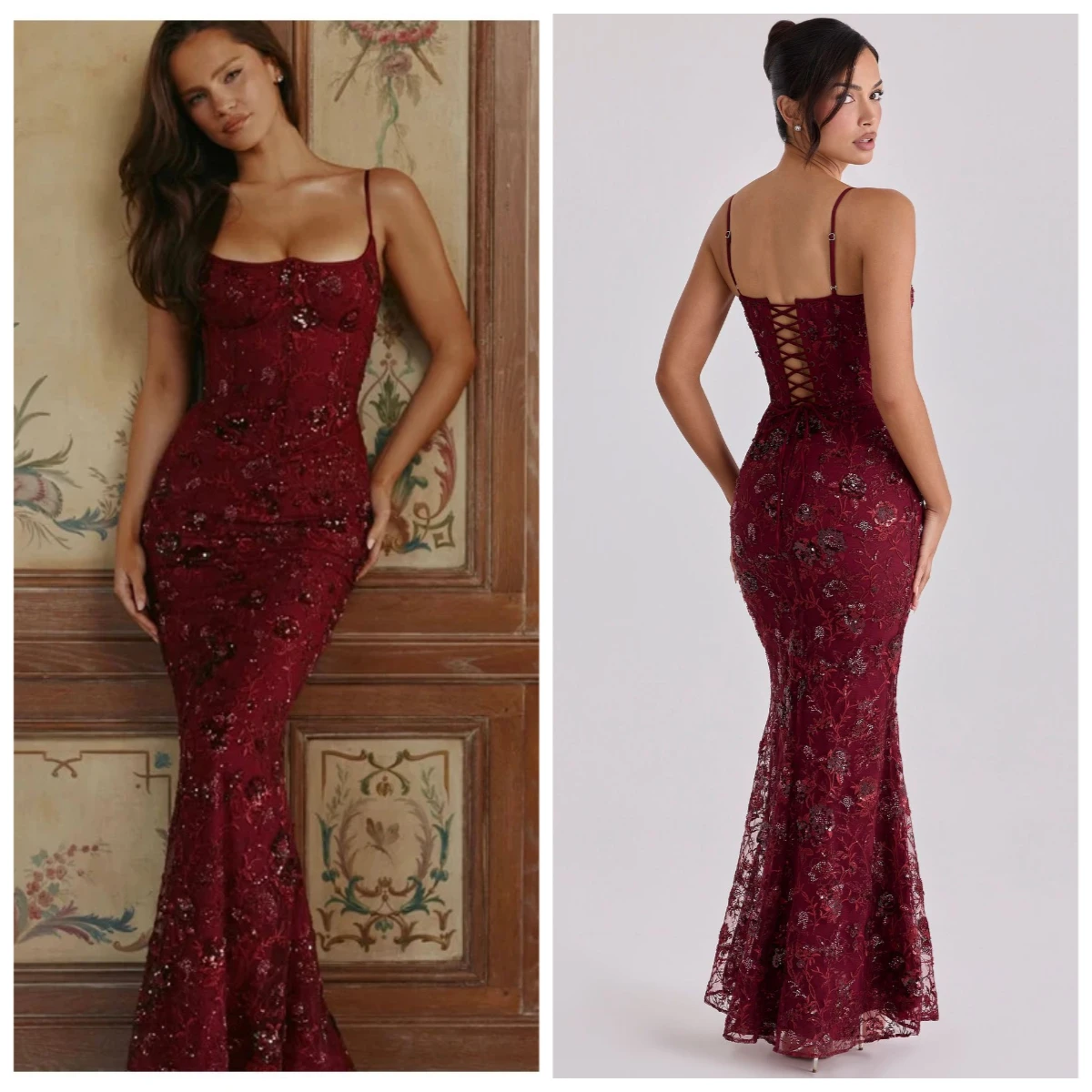 Retro Flora Pailletten Maxi Sling Jurk Dames Sexy Mouwloos Vetersluiting Vierkante Hals Bodycon Visstaartjurken 2026 Dames Feestjurken