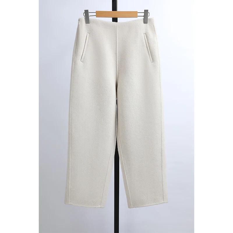 

Прямые шерстяные брюки-каперы с высокой талией, повседневные брюки с девятью точками для женщин, теплые слипоны в Корейском стиле, зимнее новое поступление