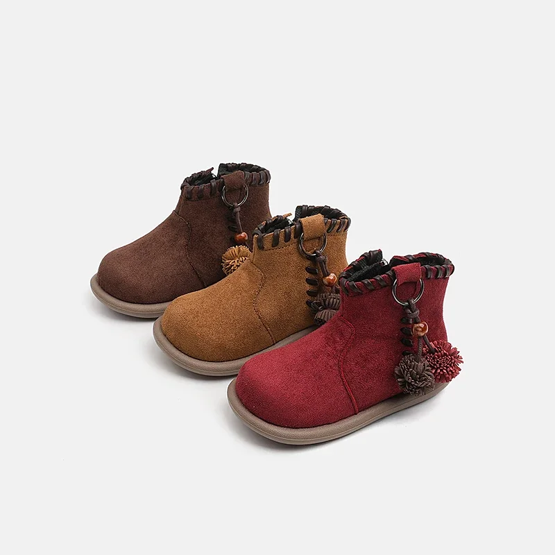Kids Vintage Woven Tassel Ankle Boots, Suede-like Plush Fleece Lined Inner Zipper Non-Slip Thick Sole Warm Short Boots