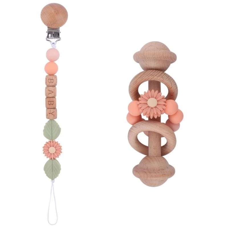 R6FD Wooden Bead Pacifier Clips Rattle Shake Toy Dummy Chain Holder Newborn Soother