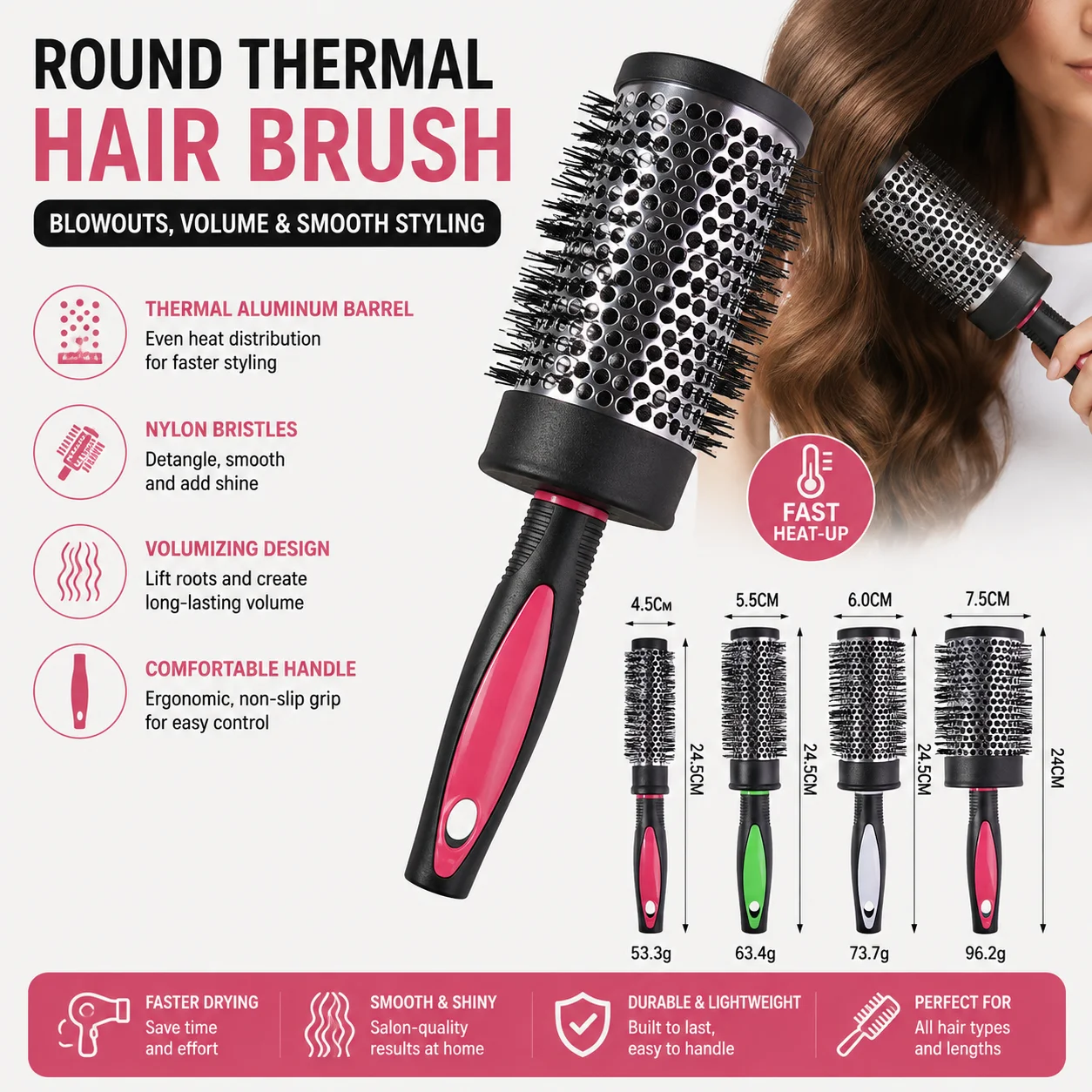 Thermisches Rundbürsten-Set, Rutschfester Griff, Nylonborsten, Salon-Lockenrolle, Kamm, Föhn-Volumen-Styling-Tool