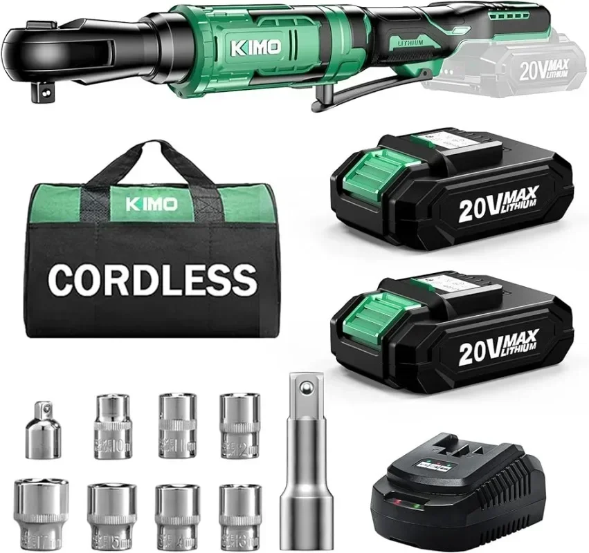 

v For KIMO 20V 3/8" Cordless Electric Ratchet Wrench Set, 74 Ft-lbs 400 RPM Cordless Ratchet, Power Electric Ratchet Driver