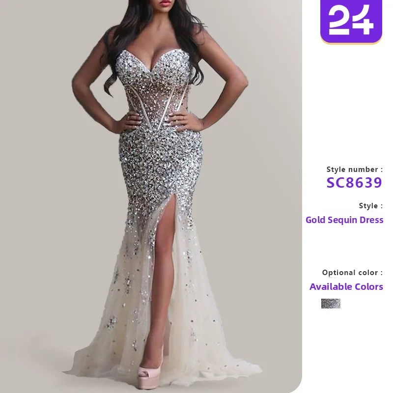 

2025 Новое женское длинное платье с v-образным вырезом и разрезом позолоченным вечерним платьем с высокой талией для KTV