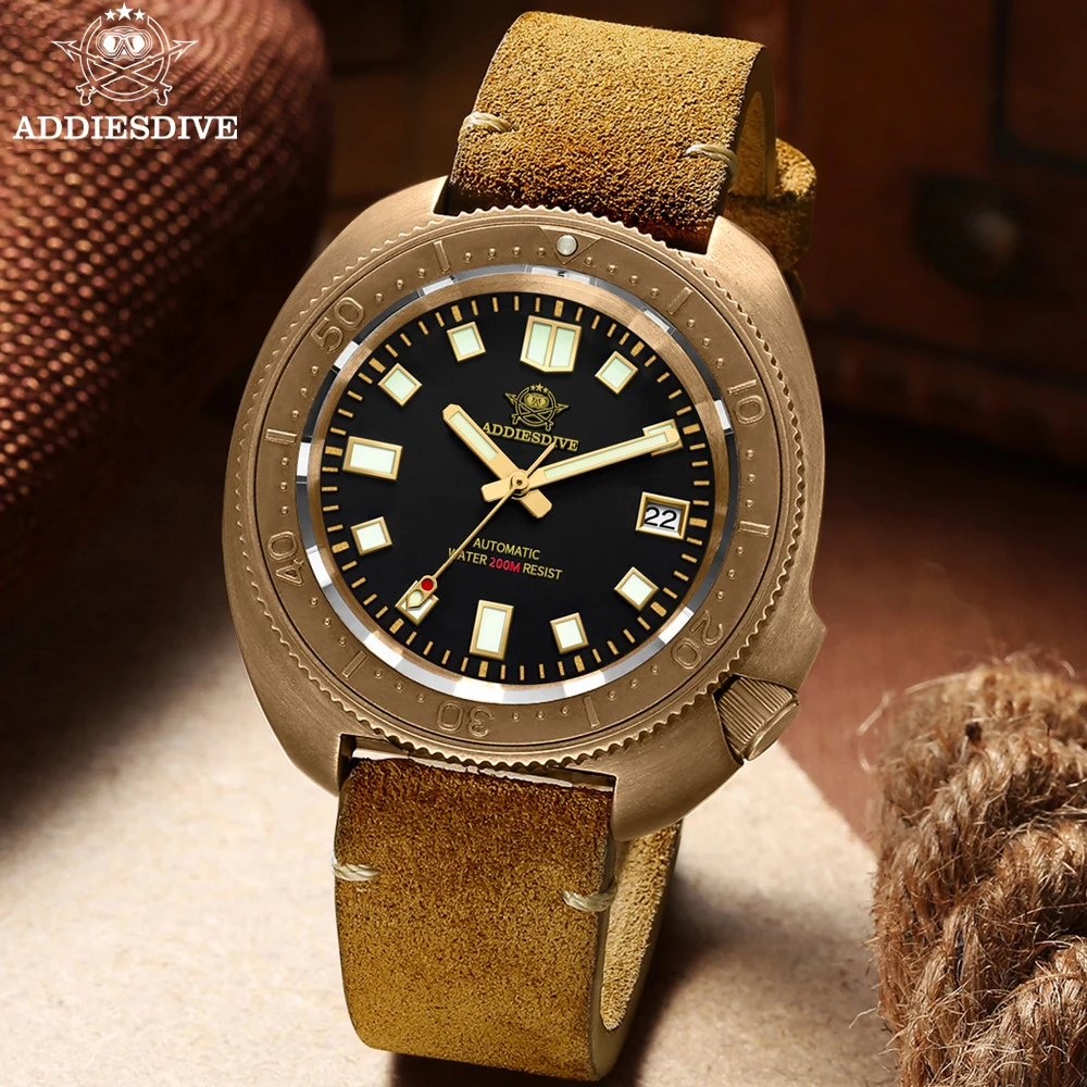 ADDIESDIVE Men‘s Bronze Automatic Watches Sapphire Glass Leather Analog Wristwatch Waterproof C3 Super Luminous Mechanical Watch