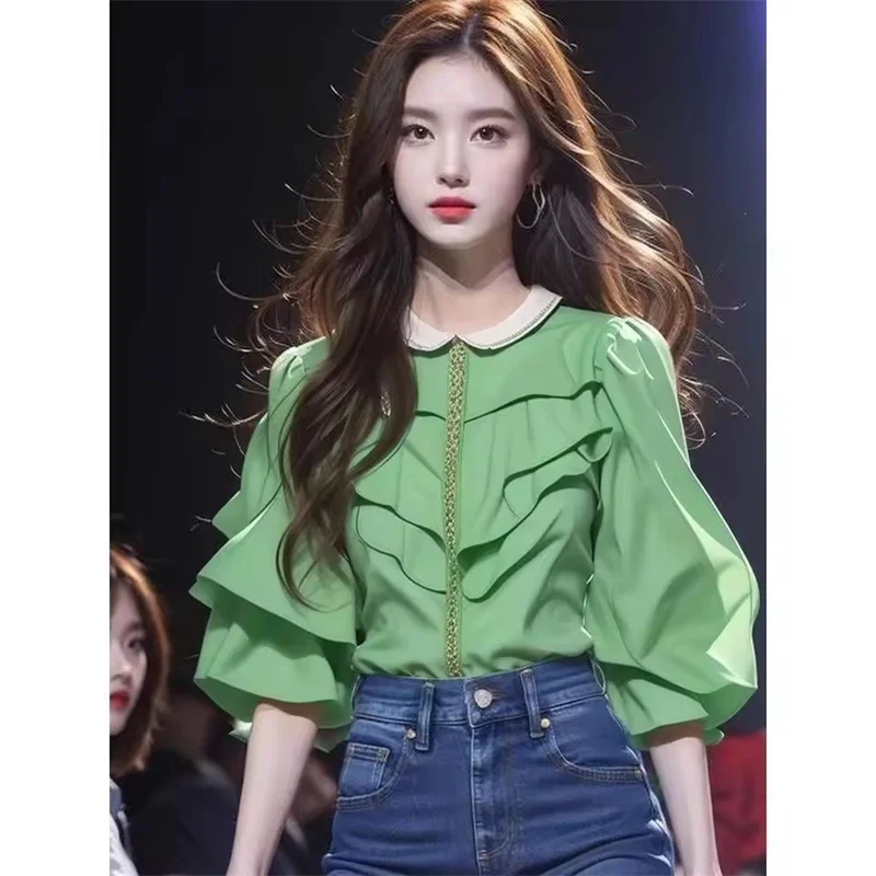 

Стильная элегантная французская милая зеленая рубашка, женская летняя дизайнерская универсальная плиссированная блузка для женщин