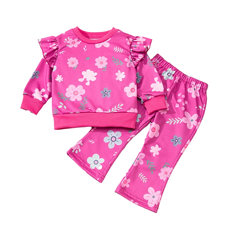 

Girls 2PCS Fall Sets Flying Sleeve O Neck Flower Print Sweatshirt Flared Pants Set