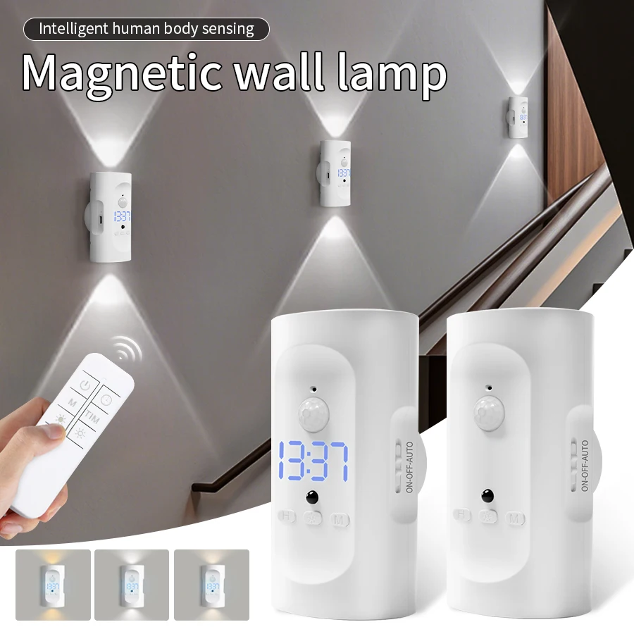 Lampada da parete magnetica a induzione del corpo umano, ricarica a LED, telecomando, orologio da comodino, luce notturna per l'uso nei corridoi e nei corridoi