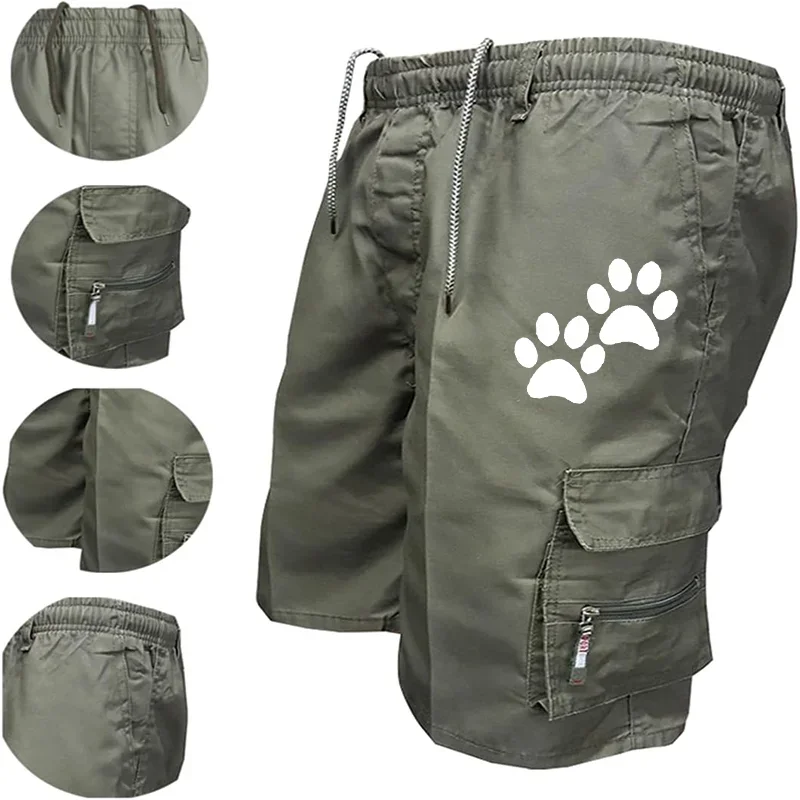 Feline Trax Cargo Shorts Men Paw Print Motif Edge Trimming 4 Zippered Pockets Outdoor Hiking Pet-Friendly Adventure Wear