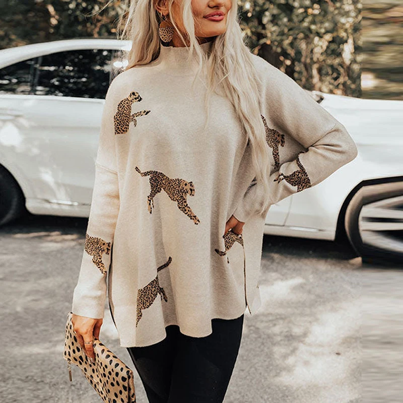 Autumn Winter Leopard Print Sweatshirt Women Turtleneck Long Sleeve Loose Blouses For Women Casual Jumper