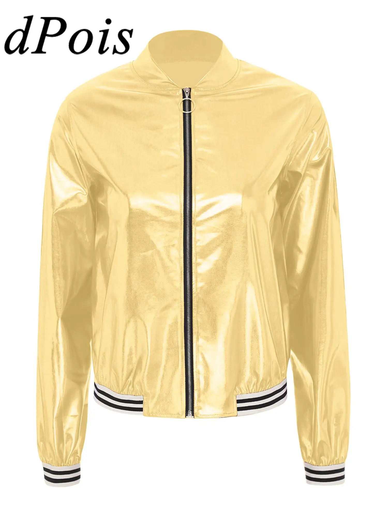 

Women Jazz Dance Costumes Fashion Streetwear Metallic Shiny Jacket Nightclub Disco Outerwear Rave Outfits Baseball Jackets Coat