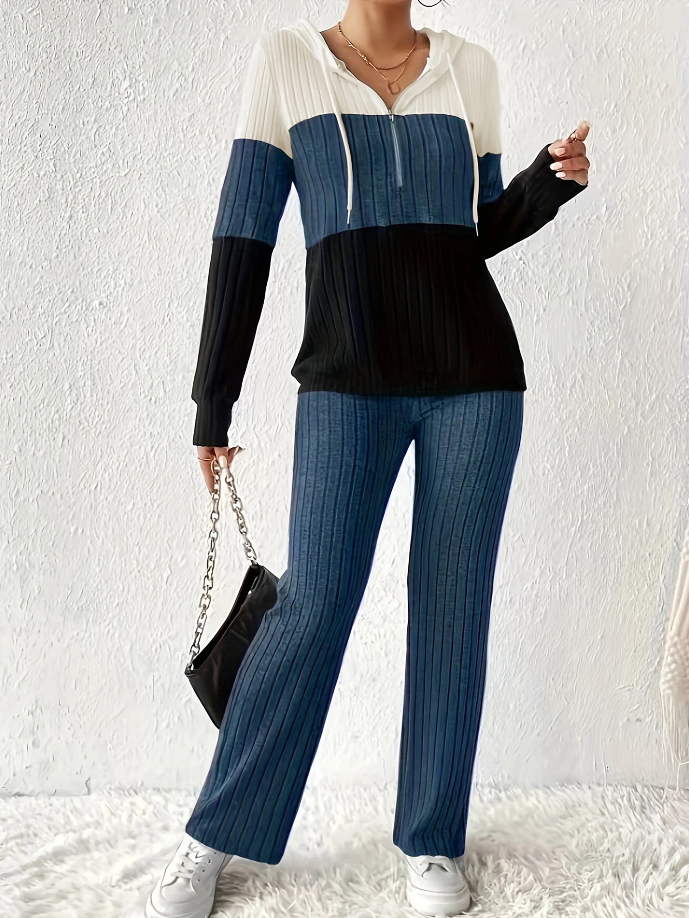 秋のレディースセットファッションベーシックコントラストカラー長袖フード付きドローストリングジッパーナチュラルウエストアンクルストレートセット