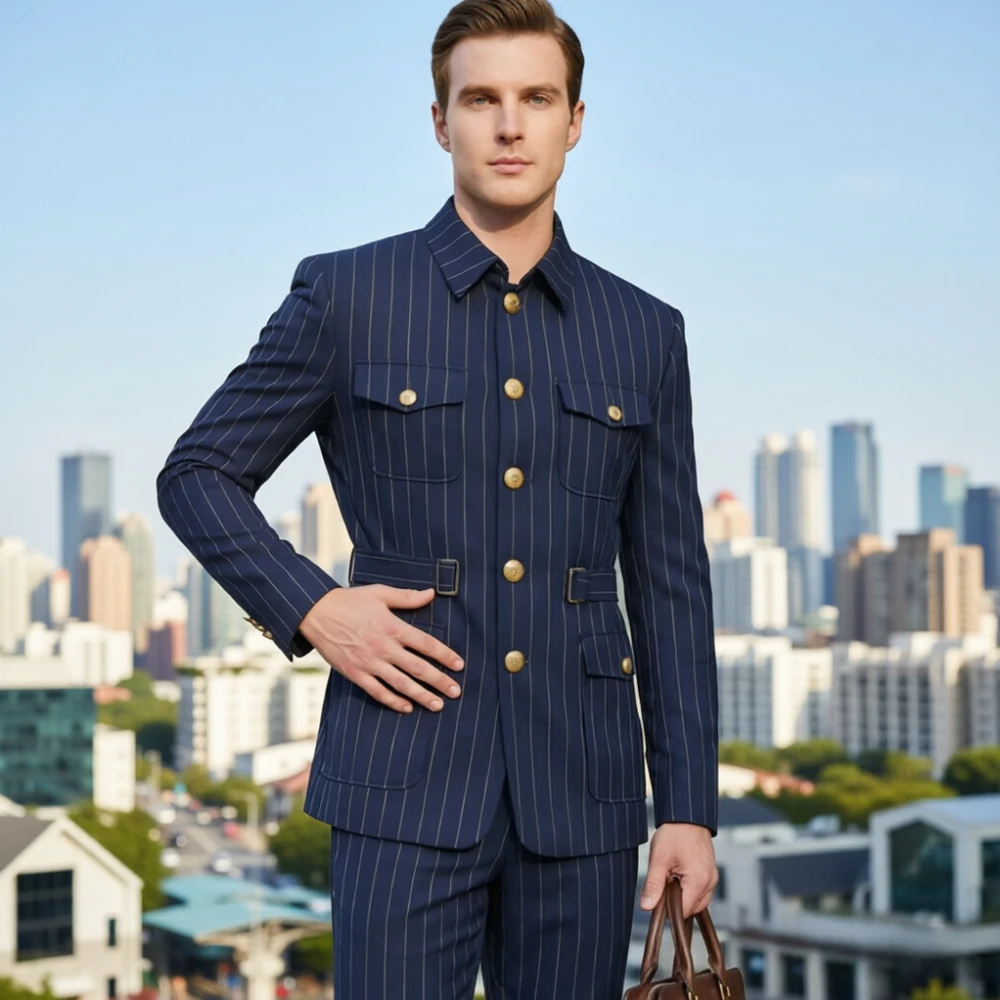

Safari Men Suits Pinstripe Multi Pocket Formal Suit Waist Buckle Slim Fit Casual Business Blazer Office Banquet 2 Pieces