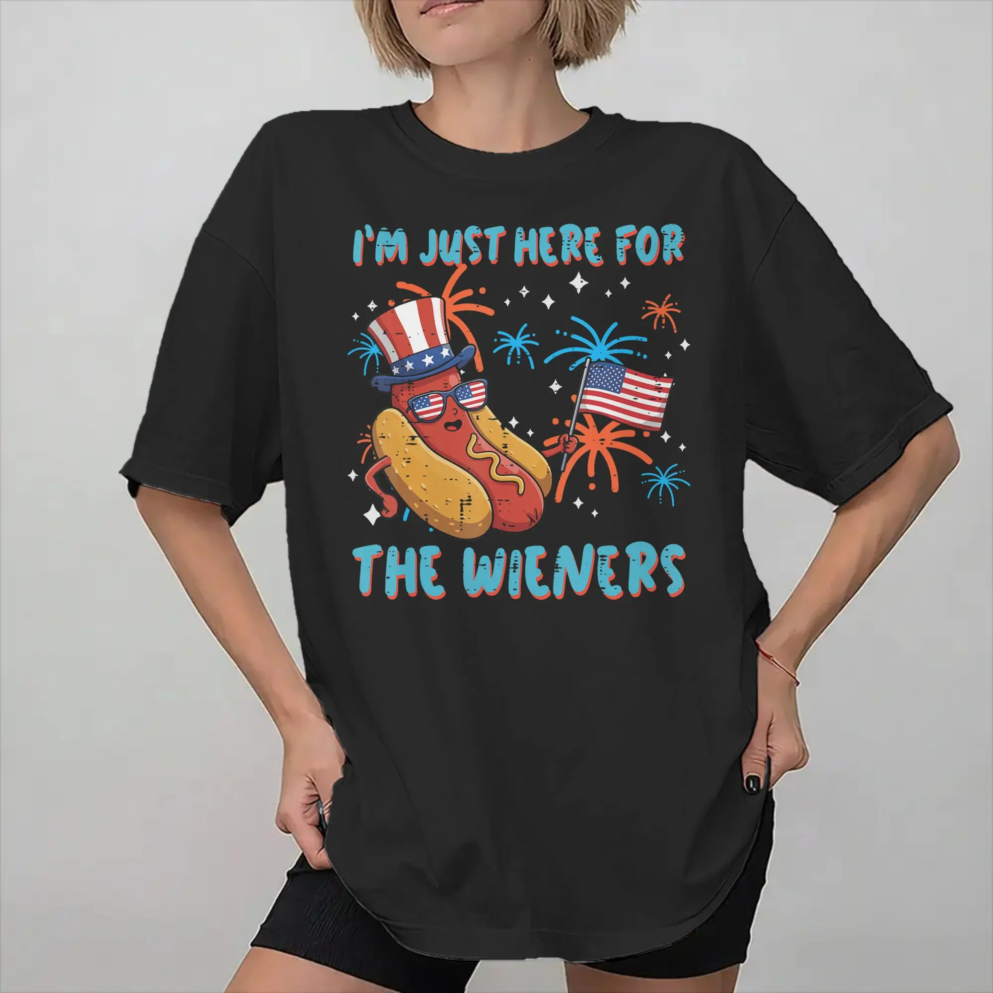 Men Women Printed Hot Dog I'm Just Here for The Wieners 4Th of July   Tee T Shirt Pure Cotton  T-shirts Clothing