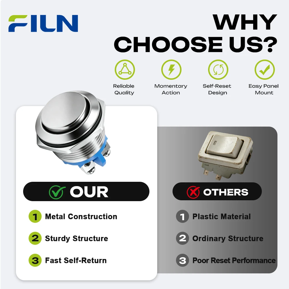 FILN 3 Stück 19mm Metall-Drucktaster, Hochkopf, Momentan, 2 Schraubanschlüsse, Selbstrückstellender Schalter für Generator – Detail 4