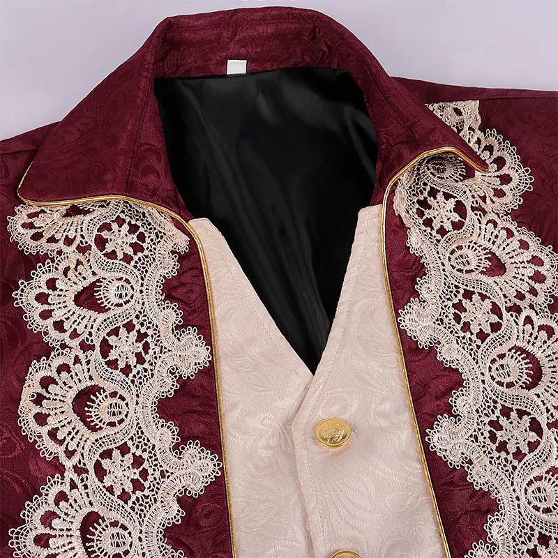 Wine Red Lace Stitching Floral Jacquard Steampunk Gothic Tailcoat Jacket Pirate Renaissance Victorian Halloween Costume