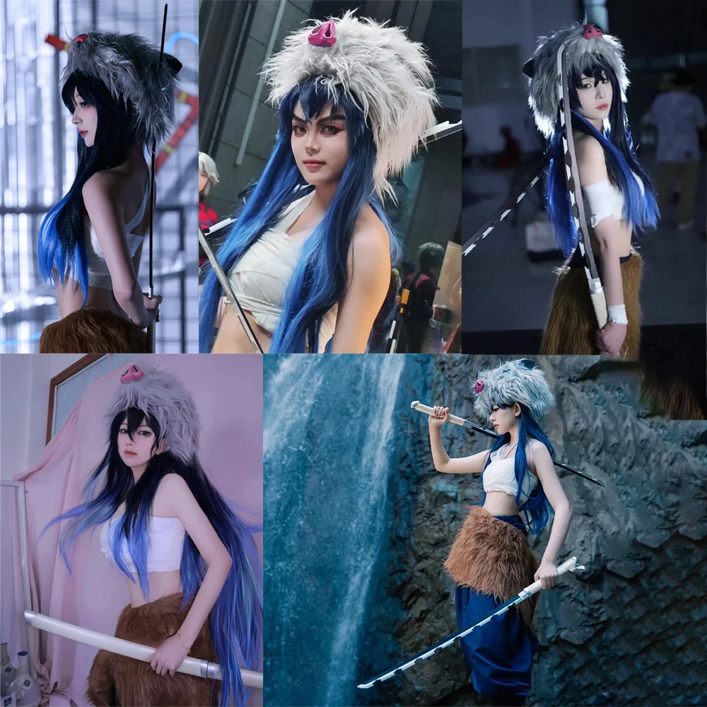 أنيمي هاشيبيرا إينوسوكي ‌   شعر مستعار صناعي كوسبلاي باللونين الأسود والأزرق متدرج للهالوين للحفلات اليومية محاكاة فروة الرأس شعر مستعار طبيعي