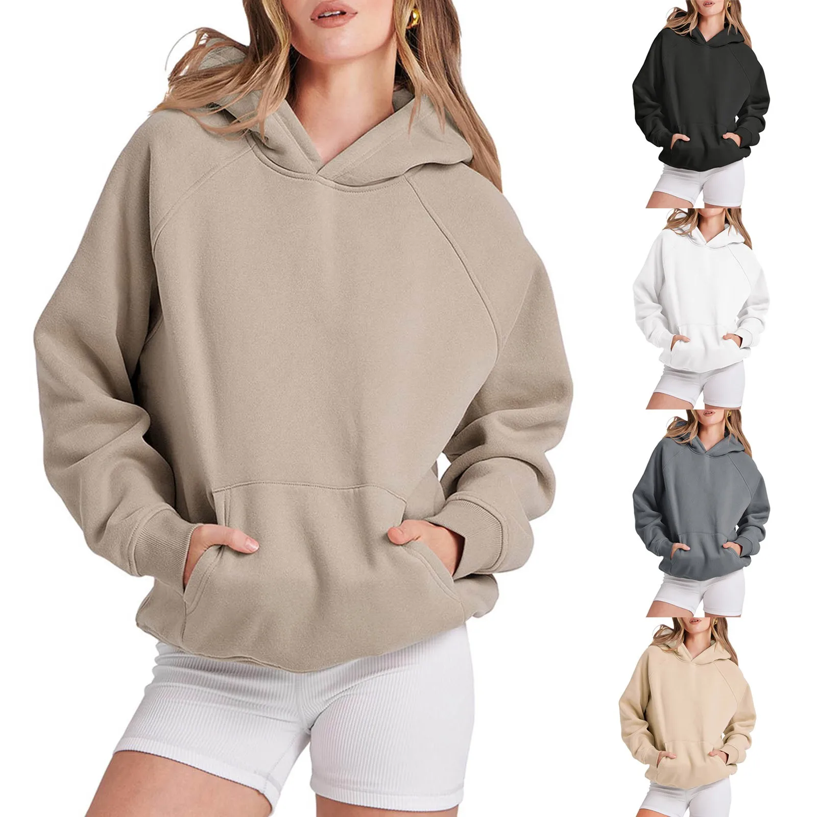 

2024 Autumn Casual Basic Women Solid Color Loose Hooded Hoodies Jogger Sweatshirt Winter Front Pockets Plus Size Pullover Tops