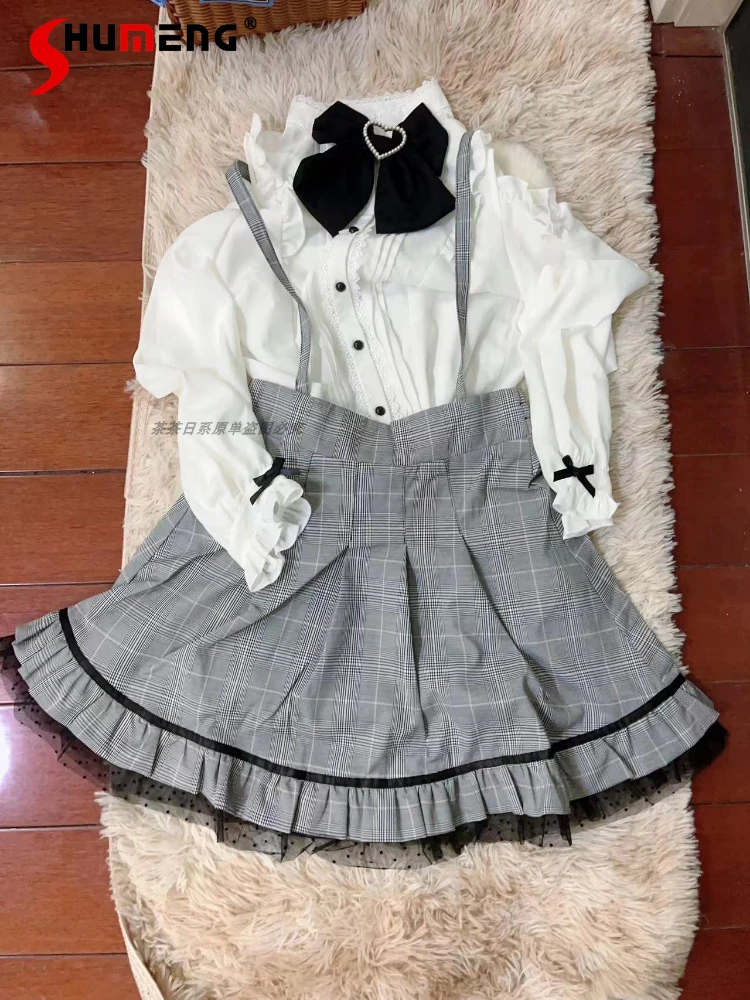 Japanese Mine Preppy Style Lolita Plaid Dot Chiffon Stitching Detachable Adjustable Strap High Waist A-line Short Skirt Women