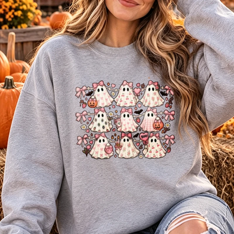 Coquette Halloween Cute Ghosts with Pink Bows Floral Pattern Pumpkin Retro Collage Print Pullover Long Sleeve Casual Streetwear