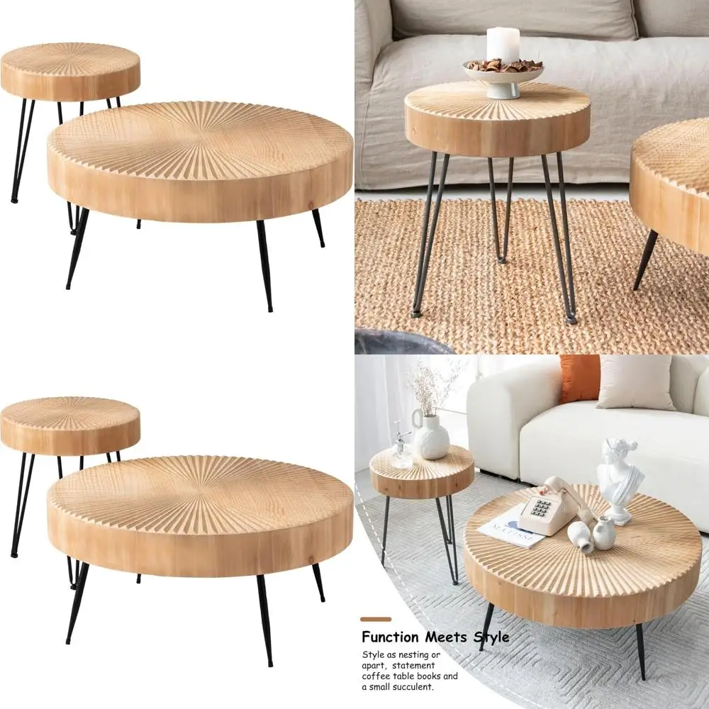 

Круглые журнальные столики, ножки из натурального дерева и черного металла, радиальный узор, стиль фермерского дома в деревенском стиле для гостиной