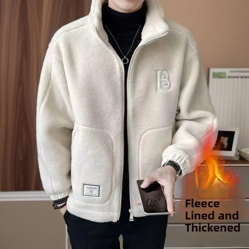 

Lamb Velvet Thiened Men's Cotton Jaet Autumn Winter New Korean Sle Fce Lined Casual Warmth Outerwear Cardigan