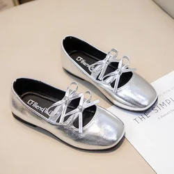 Girls Leather Shoes Spring Autumn New Bow Kid Small Princess Mary Jane Shoes Silver Flat Non-slip Children Baby Dance Flats