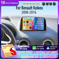 Android 16 wifi+4G Carplay Auto Car Radio For Renault Koleos 2008 - 2016 Navigation GPS Stereo Multimedia DVD DSP Head Unit 2DIN