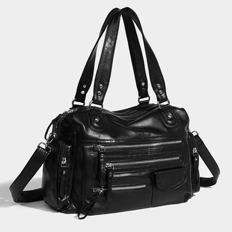 

Black Retro Zipper Motorcycle Bag 2024 New Casual Soft PU Women Handbag Fashion Shoulder Crossbody Bag