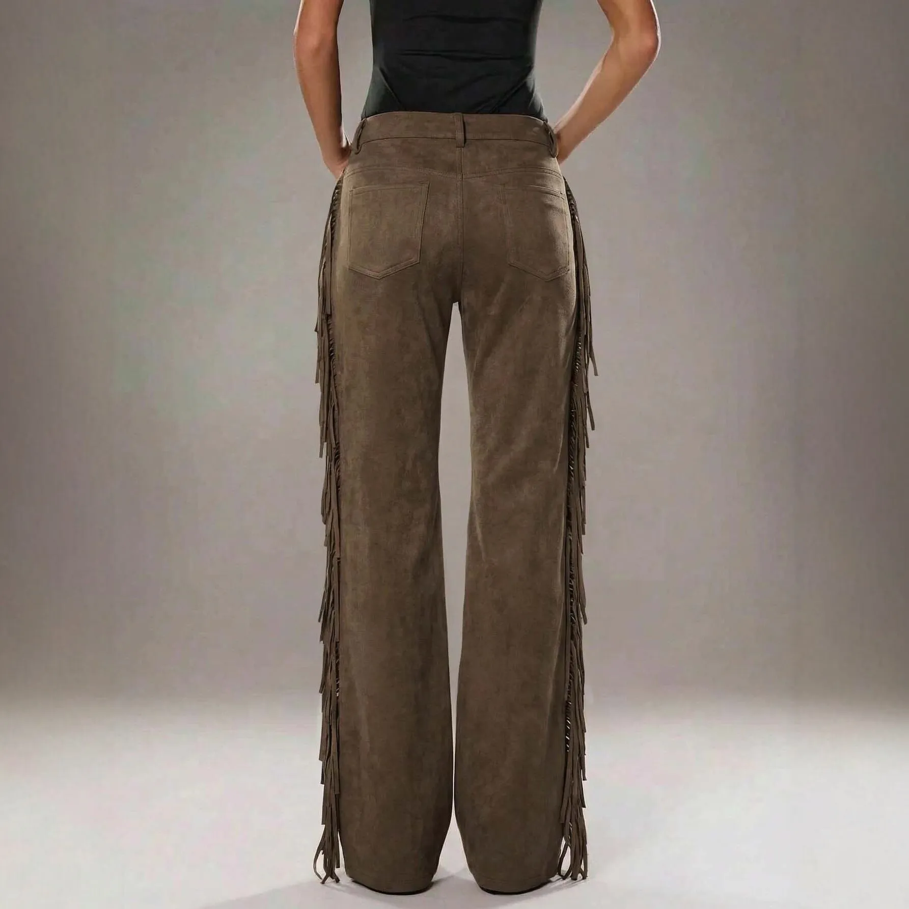 Fringed Low Waist Pants Streetwear with Vintage Regular Thickness Full Length Slight Stretch Women Pants for Autumn