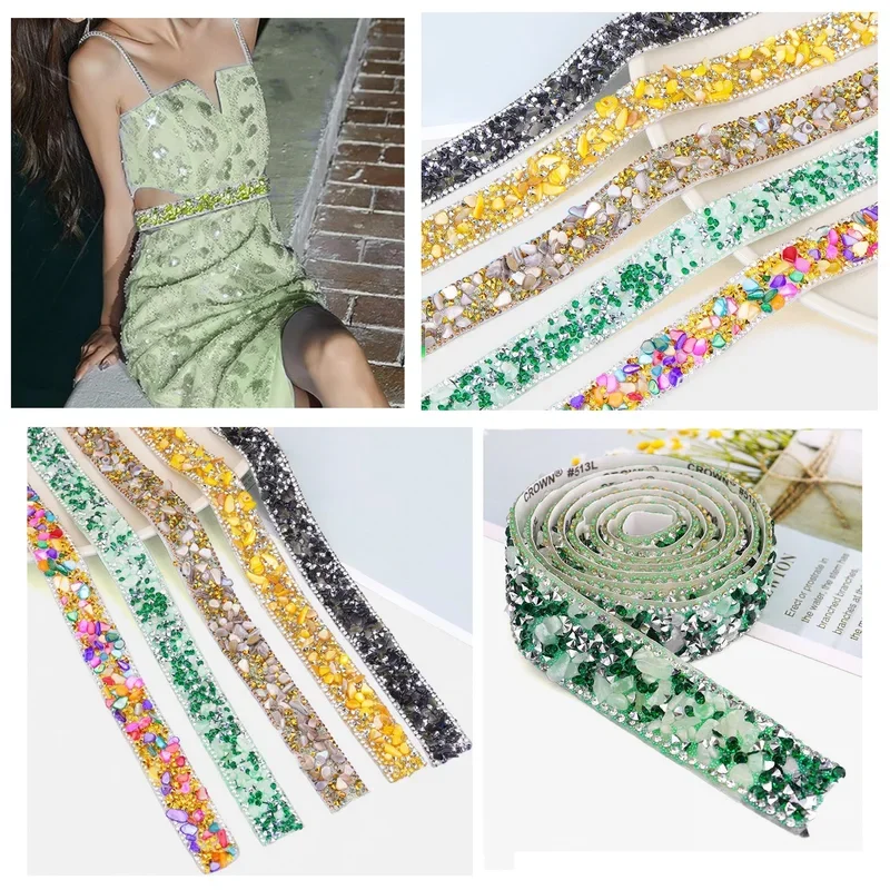 1 yard 2cm colorful crystal rhinestone trim self adhesive colorful stone diamond sewing drill tape DIY bridal dress phone decor