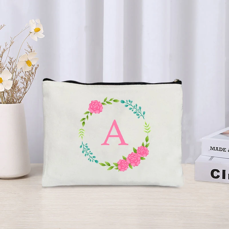 Pink Letter Garland Printed Canvas Zipper Pouch Lipstick Perfume Storage Cosmetic Bag Organizer Office Supplies Pencil Case Gift