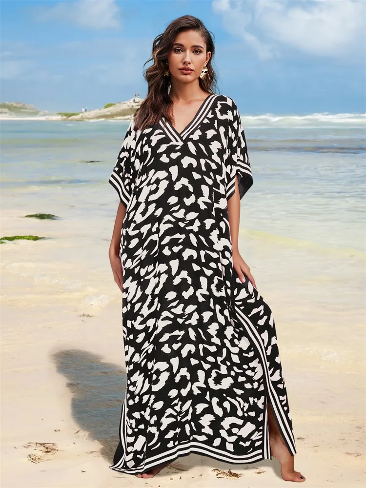 EDOLYNSA Plus Size Boho Black White Leopard Print Kaftan Beach Cover Ups For Women 2024 Summer Loose Caftan House Dress Q1609