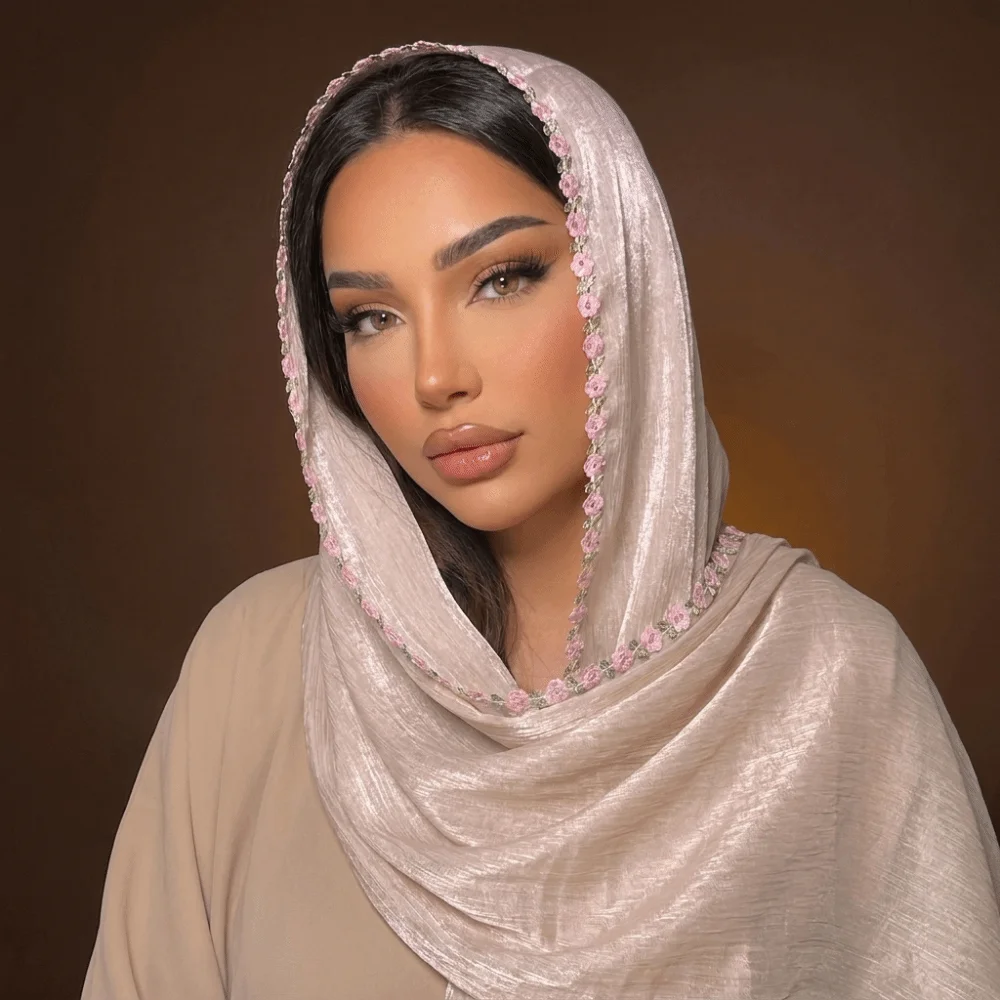 

Soft Sheer Women’s Headscarf Shiny Lightweight Lace Trim Shawl Breathable Lace Trim Modest Wrap Formal Events