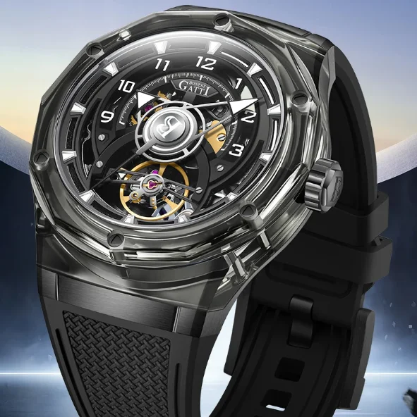 BONEST GATTI Men Automatic Watch 45mm Mechanical Wristwatch Acrylic Case Sapphire Mirror Luminous Skeleton Dial FKM Strap