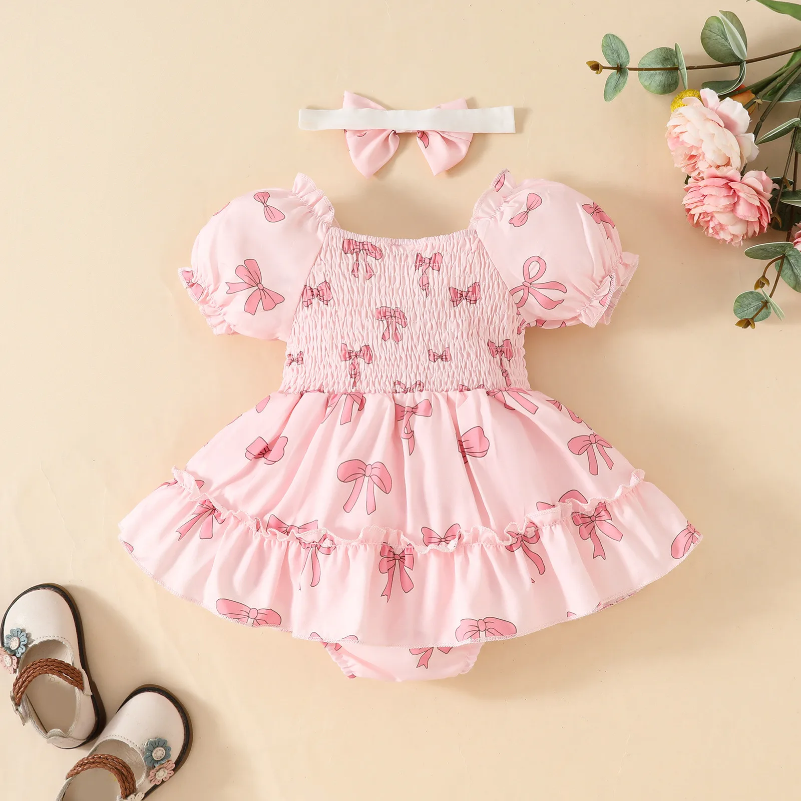 0-18 Months Summer Infant Baby Girls Bodysuit Dress Princess Clothes Bow Puff Short Sleeve Jumpsuit Headband 2Pcs Set Outfits