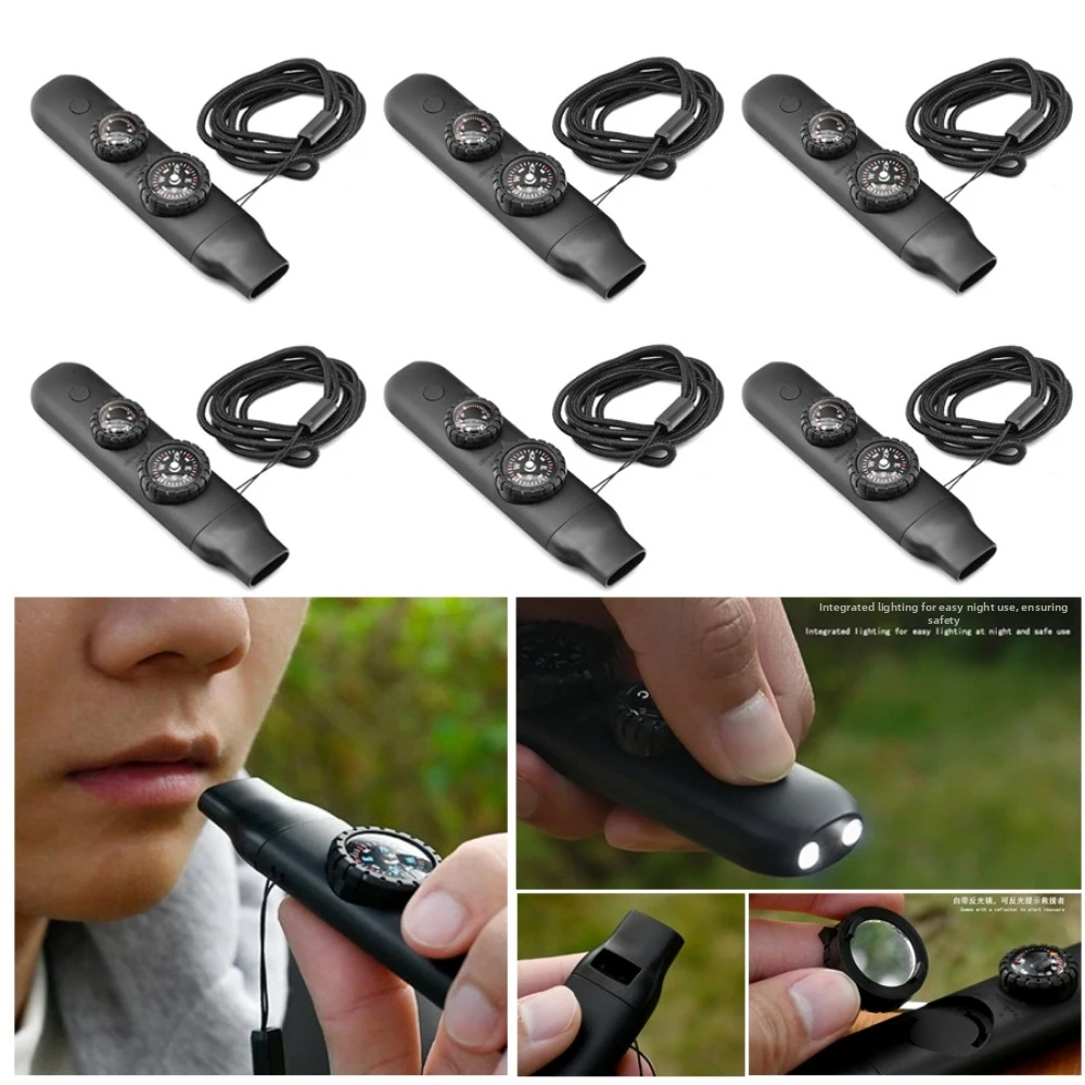 High Quality 7-in-1 Outdoor Survival Whistle Multifunctional Black Thermometer Compass with LED Light Camping Hiking Compass