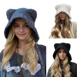 Cute Girl Knit Ear Protection Hat Bear Women Earmuffs Cap Woolen Crochet Bonnet Solid Color Hood Beanies Winter Warm Headgear