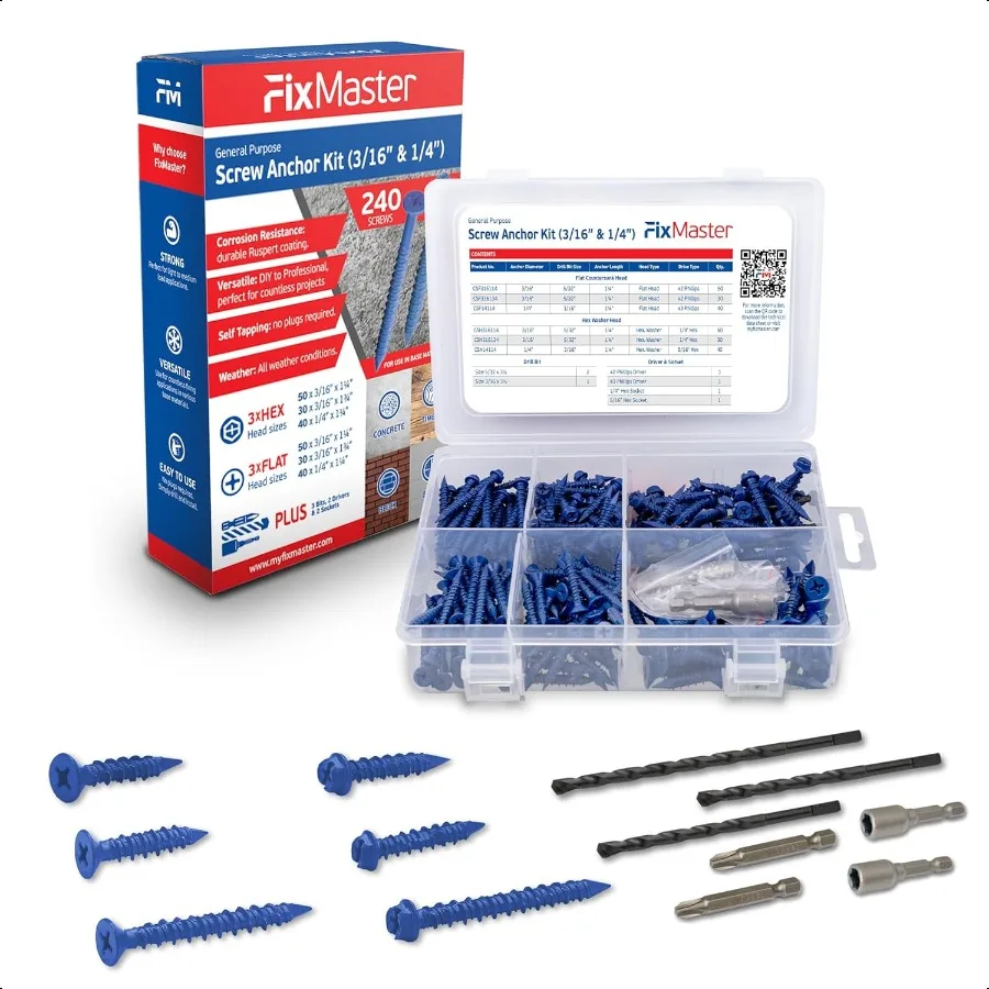 

Blue Multi Purpose Blue Concrete Screw Mix Kit 240 pcs 3 16x11 4 3 16x13 4 1 4x11 4 w 2 Sockets 3 Drill Bits Use in Concrete Ma