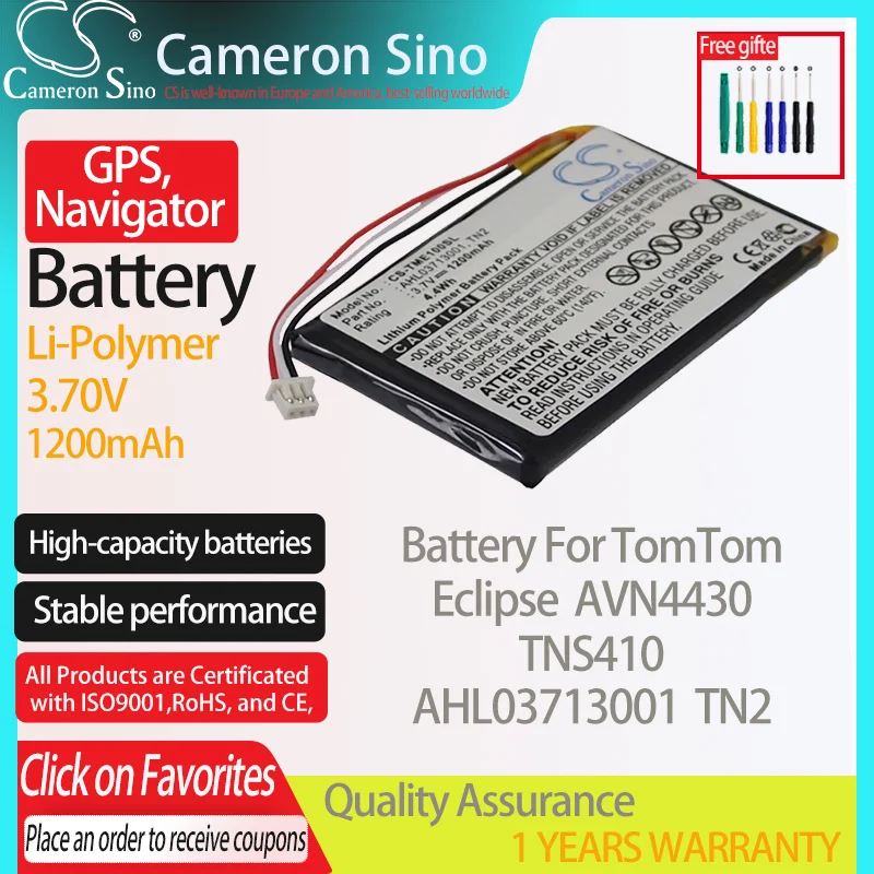 CameronSino Battery for TomTom Eclipse AVN4430 TNS410 fits TomTom AHL03713001 TN2 GPS,Navigator battery 1200mAh 3.70V Li-Polymer