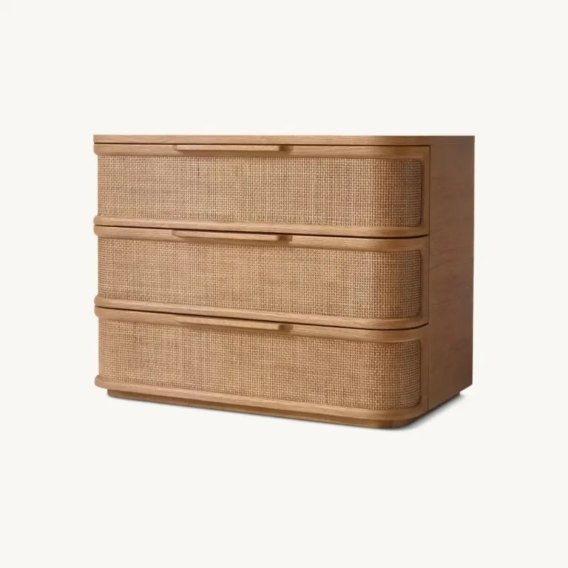Factory Supplier Wooden Storage Side Table Rattan Nightstand Beside Table with 3 Doors for Brdroom