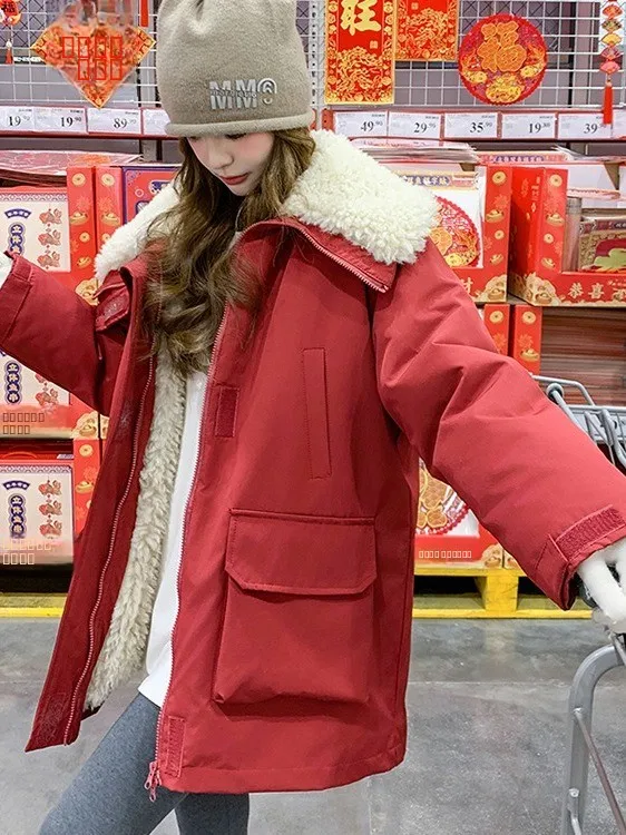 

Lamb Fur Collar Thiened Winter Coat Women's Korean Sle Cotton Workwear Jaet Warm Padded Parka Long Sve Zipper Closure