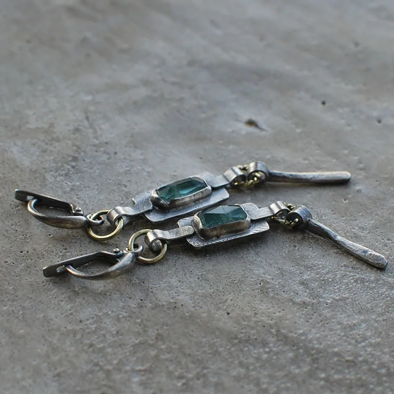 Extra Long Tribal Green Zircon Dangle Earrings for Women Vintage Jewelry Antique Metal Geomrtric Handmade Statement Earrings