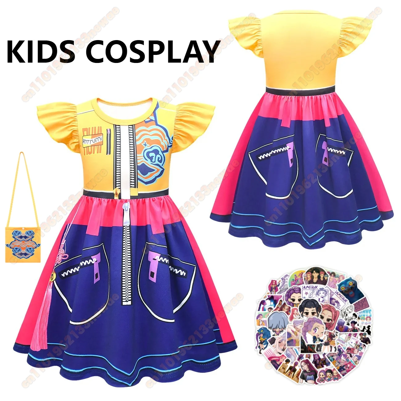MINISO KPop 악마 사냥꾼 Huntrix 만화 옷 아기 소녀 여름 짧은 소매 드레스 공주 캐주얼 아동 의류 가방