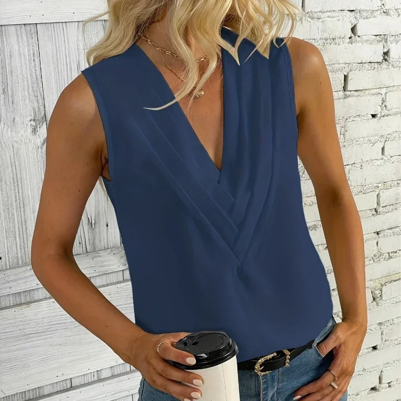 

Fashion Solid Color Loose Tops Sexy Deep V-neck Blouse Women Summer 2024 New Casual Sleeveless Shirt Clothes Blusas 30438