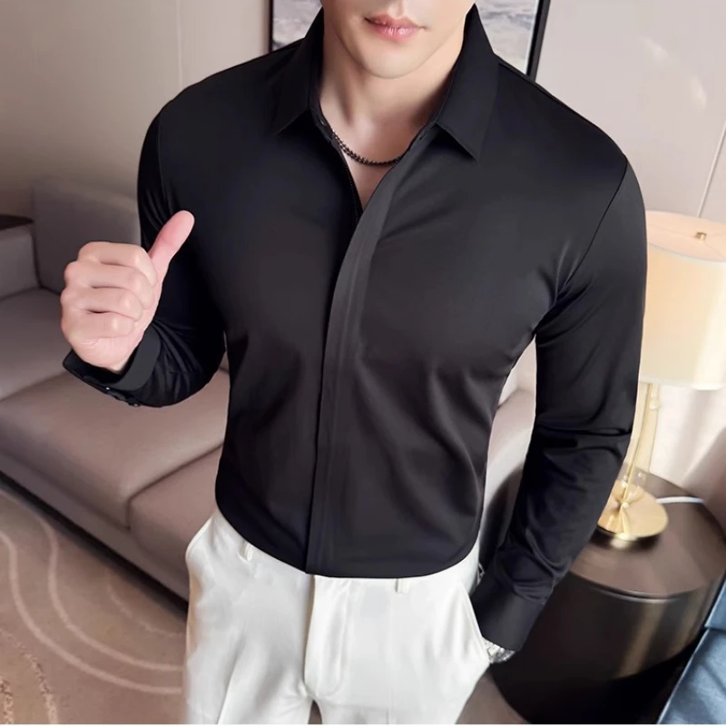 High Quality Seamless Elastic Business Shirt for Men Long Sleeve Casual Social Office Shirts Comfortable Streetwear Men Clothing
