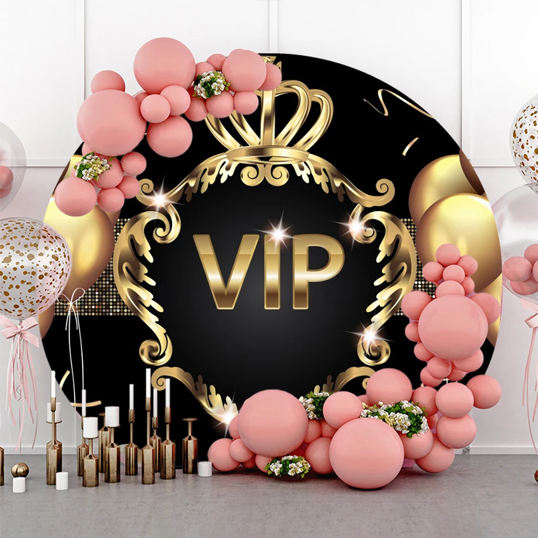 Round VIP Backdrop Woman Man Birthday VIP Party Decoration Black and Gold Royal Crown Balloons Circle Background Photography